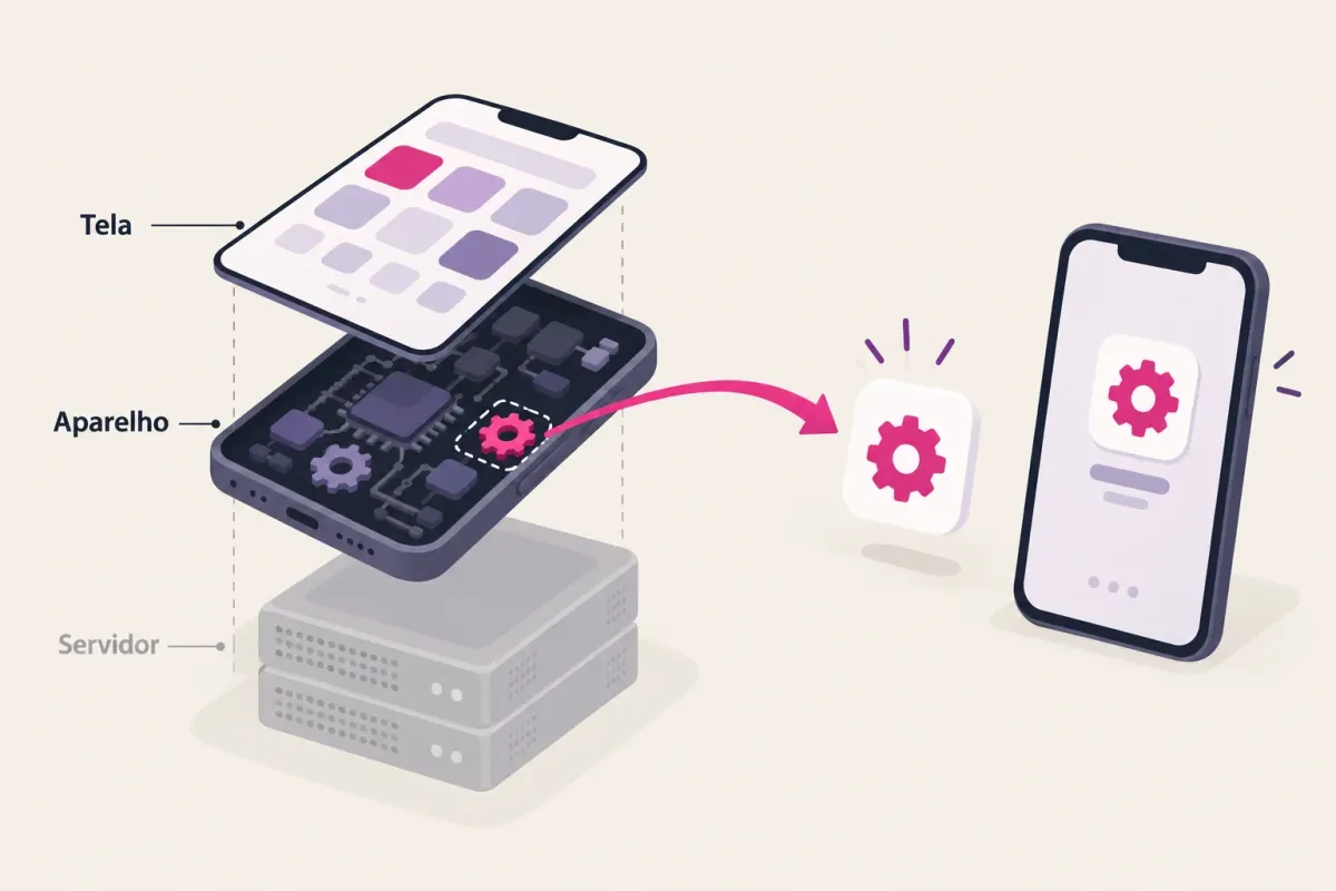 Ilustração de um celular separado em três camadas, Tela, Aparelho e Servidor, com o servidor em cinza e uma função do aparelho virando um novo app