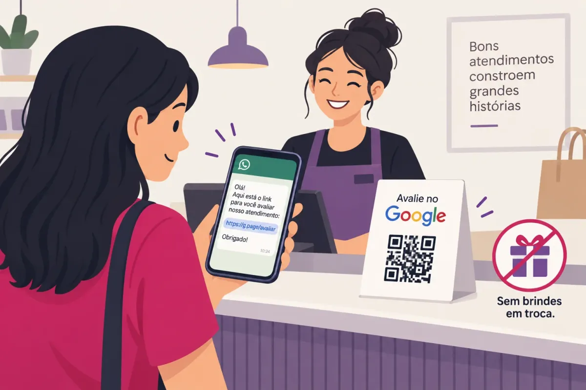 Pedido de avaliação com QR code e link, sem brindes em troca