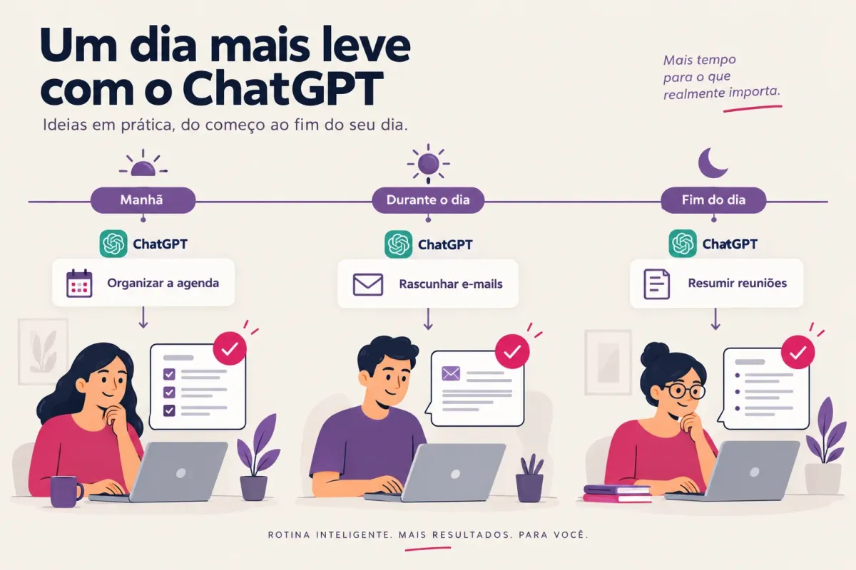 Linha do tempo de um dia de trabalho com o ChatGPT ajudando em pontos fixos