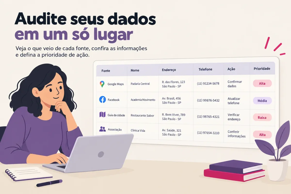 Planilha de auditoria de citações com fontes, dados NAP e prioridade