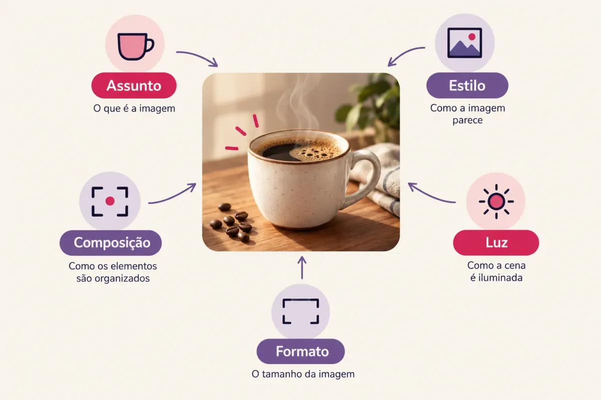 As cinco partes de um prompt de imagem ligadas a uma foto de produto gerada por IA