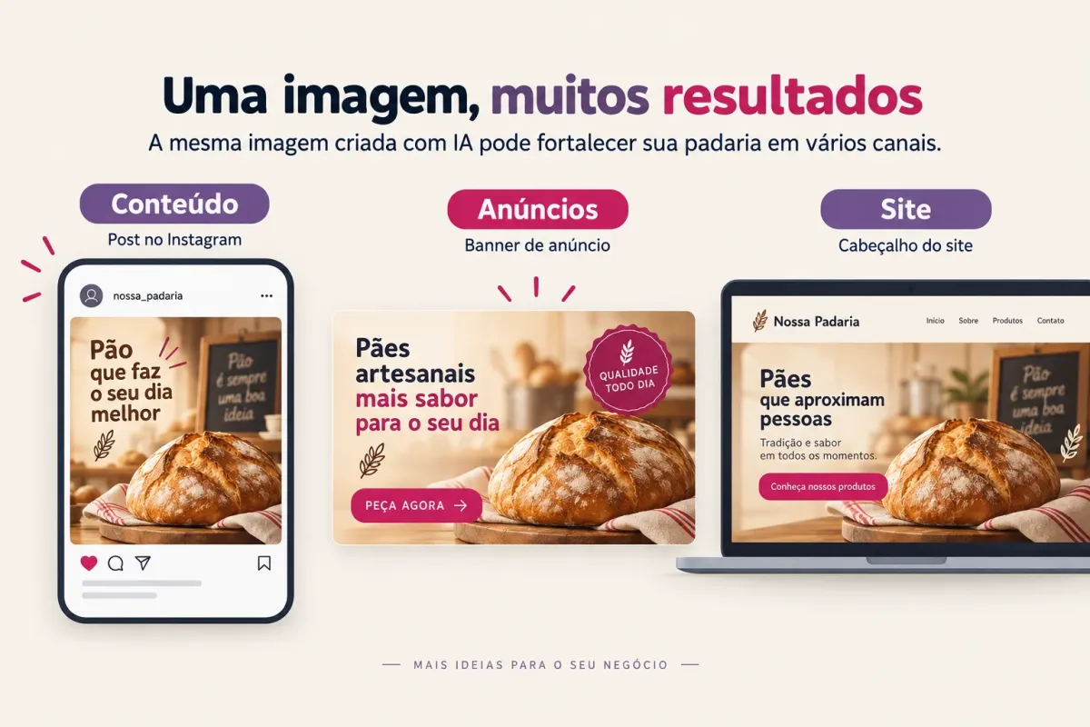 Três usos de imagens geradas por IA para uma padaria: post, anúncio e topo de site
