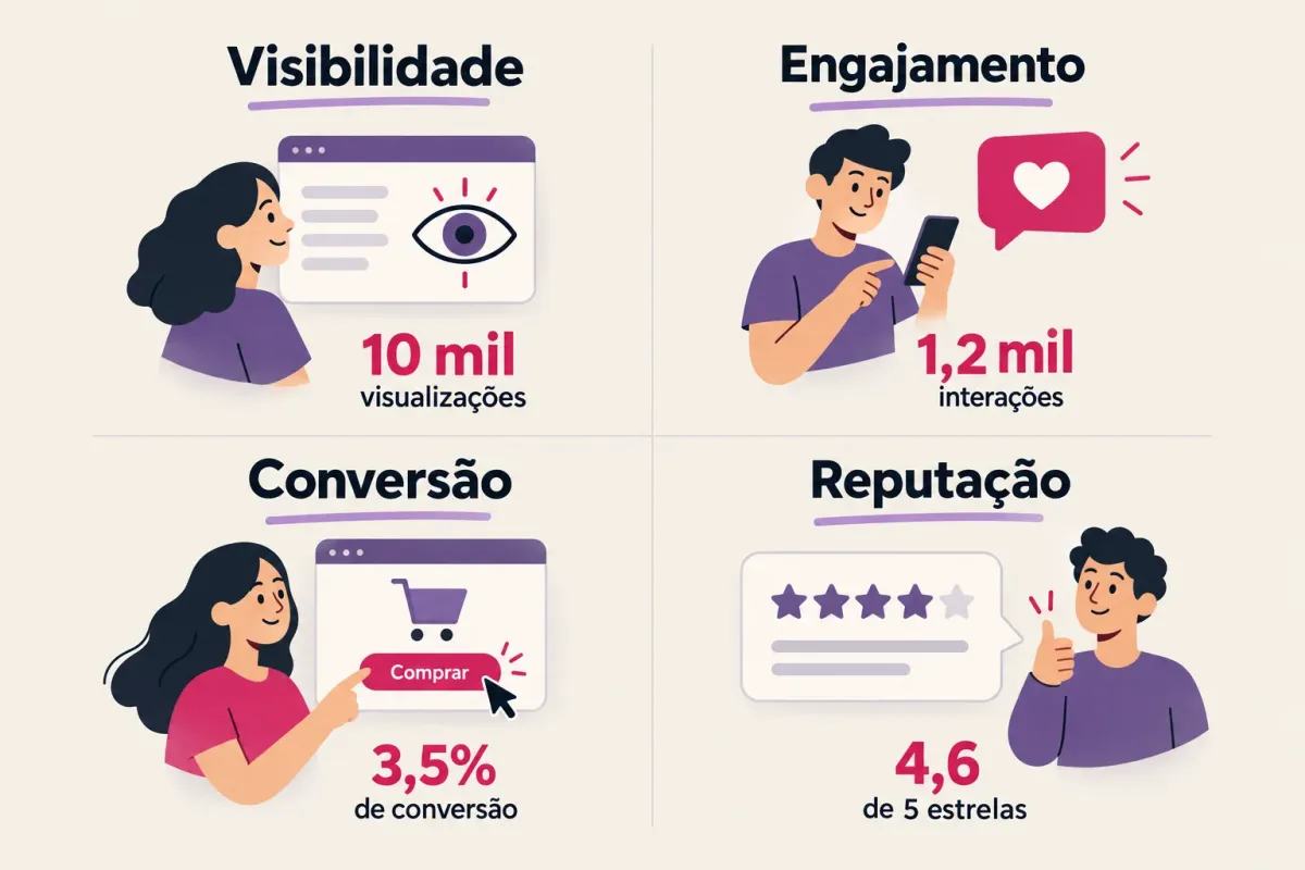 Quatro categorias de KPIs de SEO local: visibilidade, engajamento, conversão e reputação