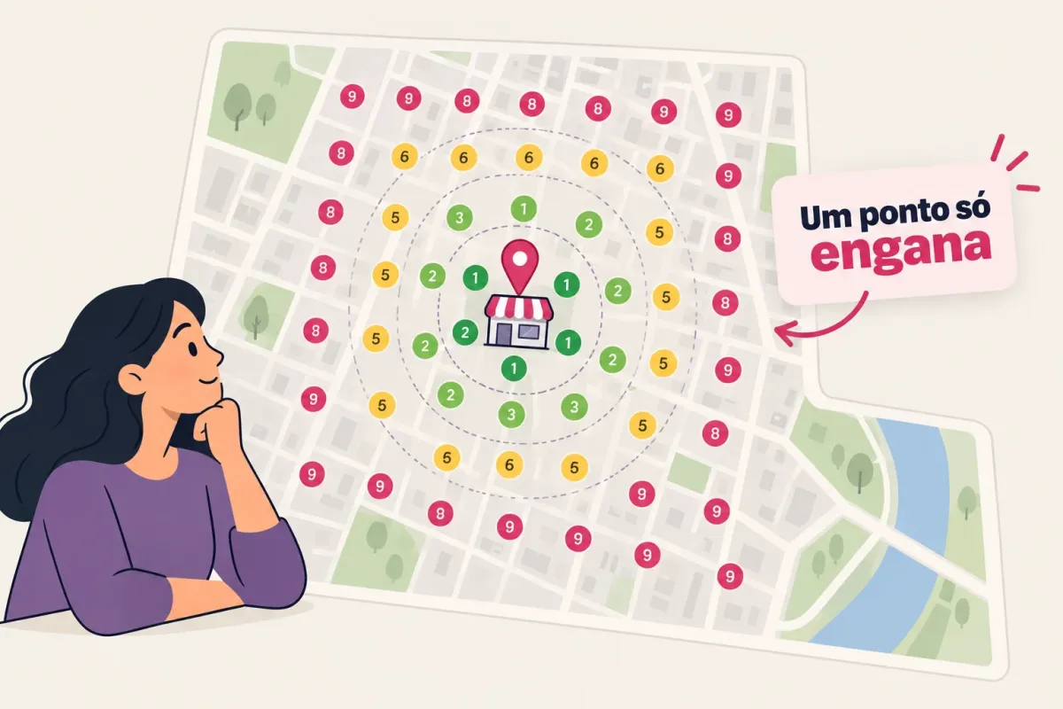 Grid de ranking local: posições boas perto da loja e piores à distância