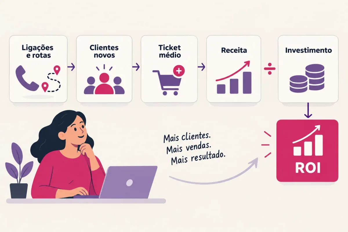 Fluxo do cálculo de ROI de SEO local, de ligações a receita