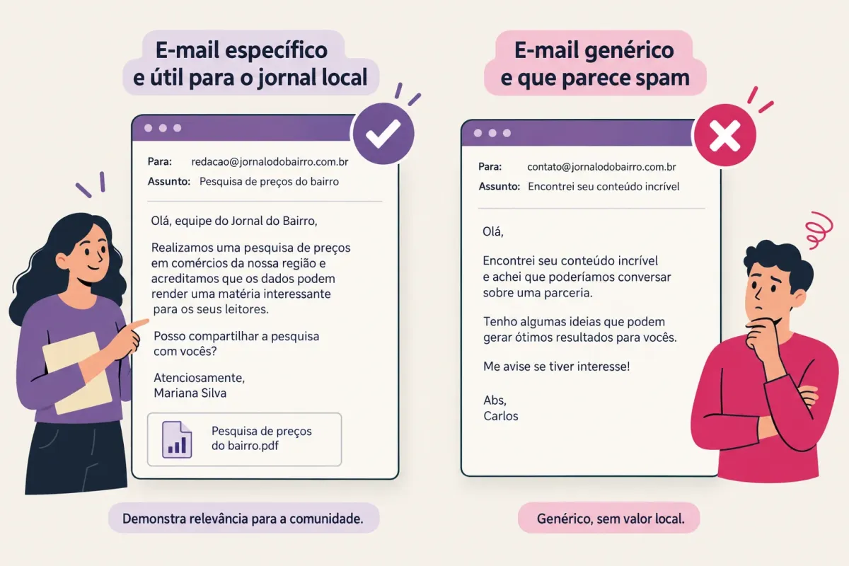 E-mail de abordagem específico e útil versus e-mail genérico