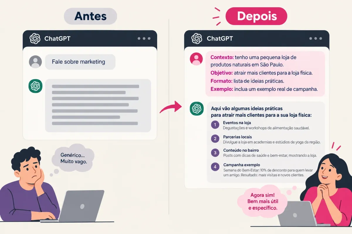Antes e depois de um prompt no ChatGPT: pedido vago e pedido estruturado