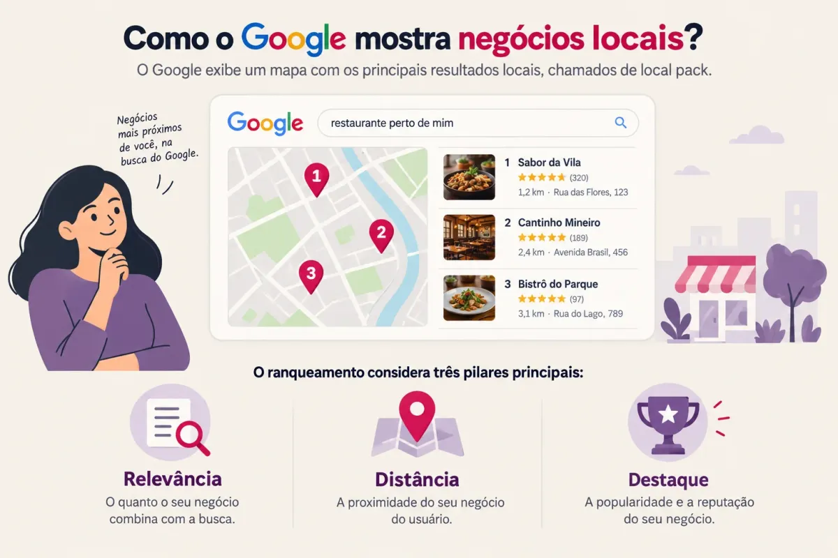 O Local Pack do Google com três negócios e os pilares relevância, distância e destaque