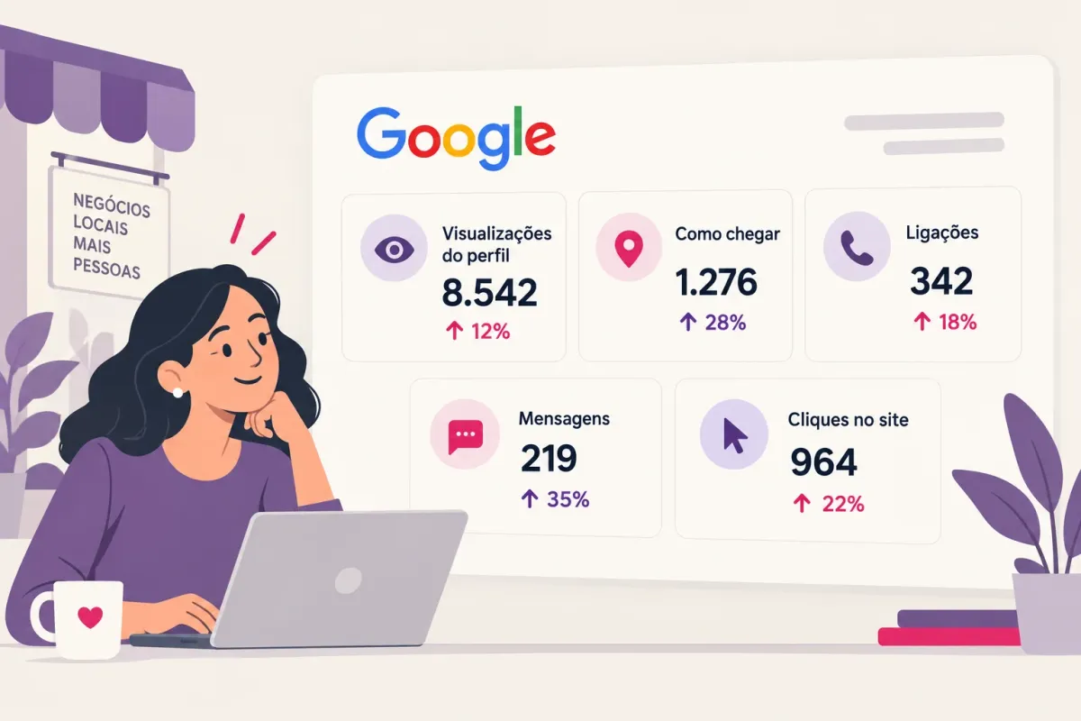 Painel com métricas de SEO local: visualizações, rotas, ligações, mensagens e cliques